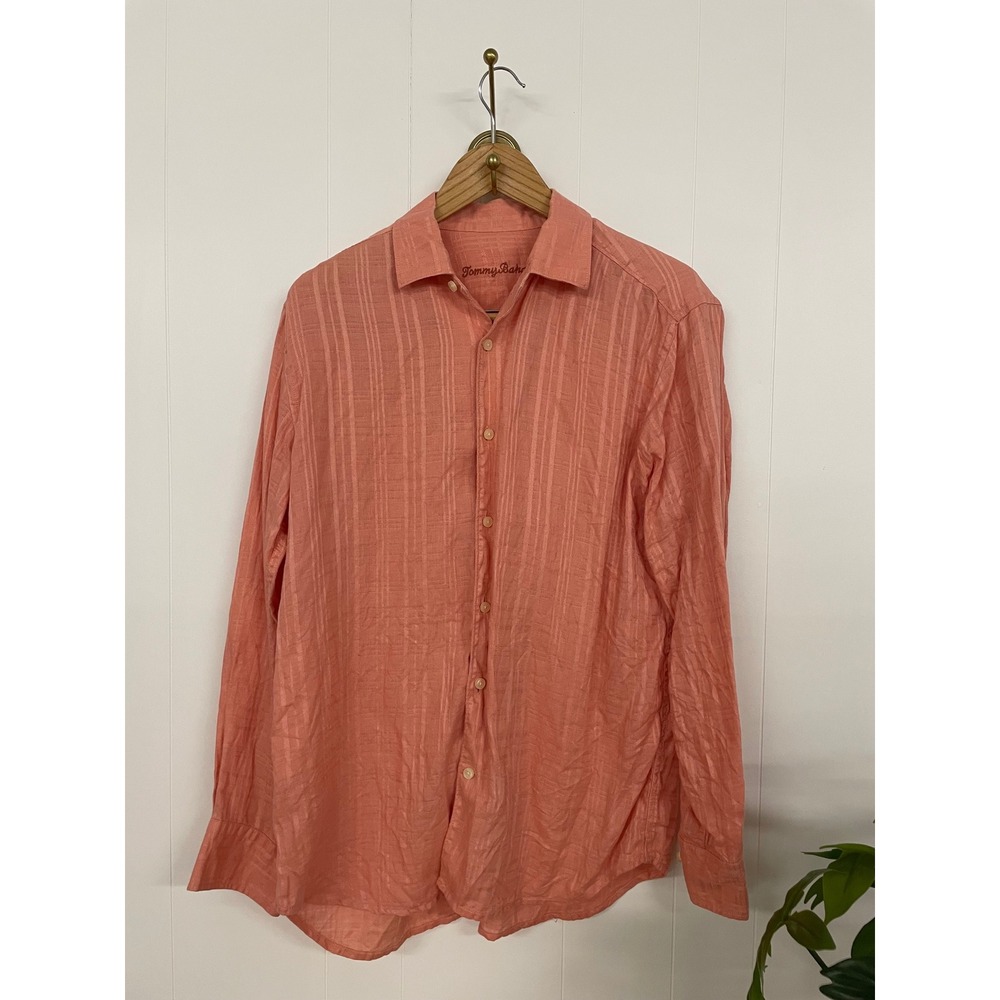 Tommy Bahama Mens Small Coral Pink 100% Linen Long Sleeve Striped Button Down